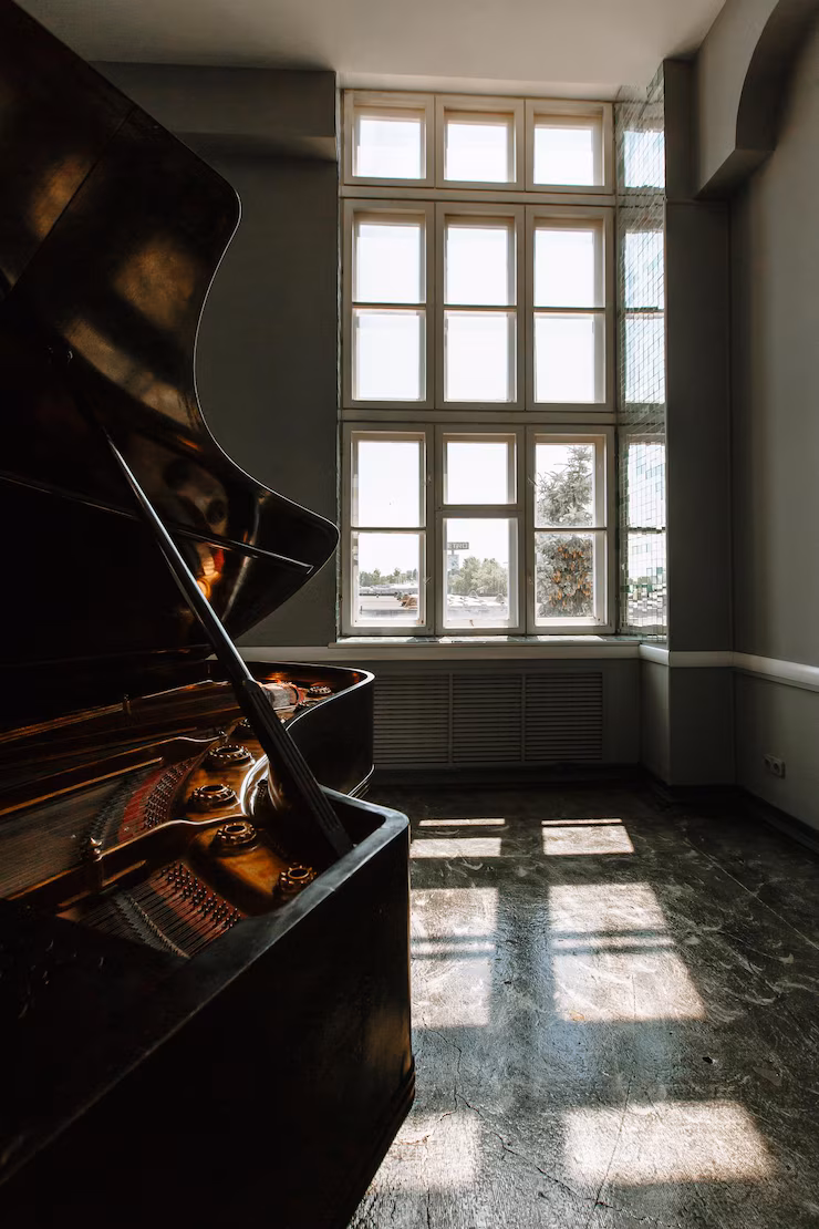 Piano Lessons as depicted by a grand piano in a well lit room