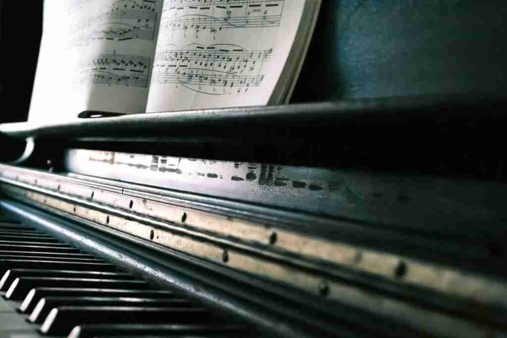 close up of piano with music score